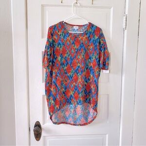 LULAROE NWT Irma Soft Orange and Blue Print Women's Short Sleeve Tee Size XS